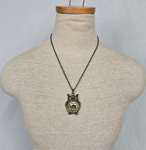 Czech Glass Pendant Necklace 19" Owl Clear & Bronze Clock Accent